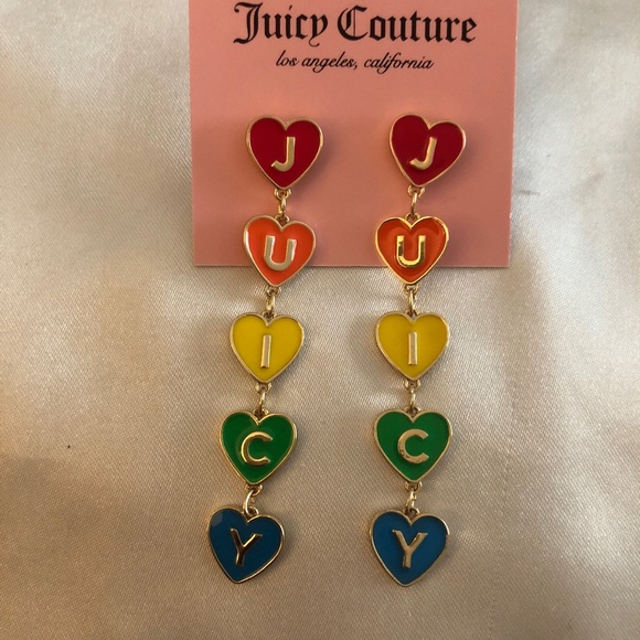 Juicy Couture Gold Tone Enamel Rainbow Stacked Juicy Hearts Drop Earrings NWT - Picture 6 of 11